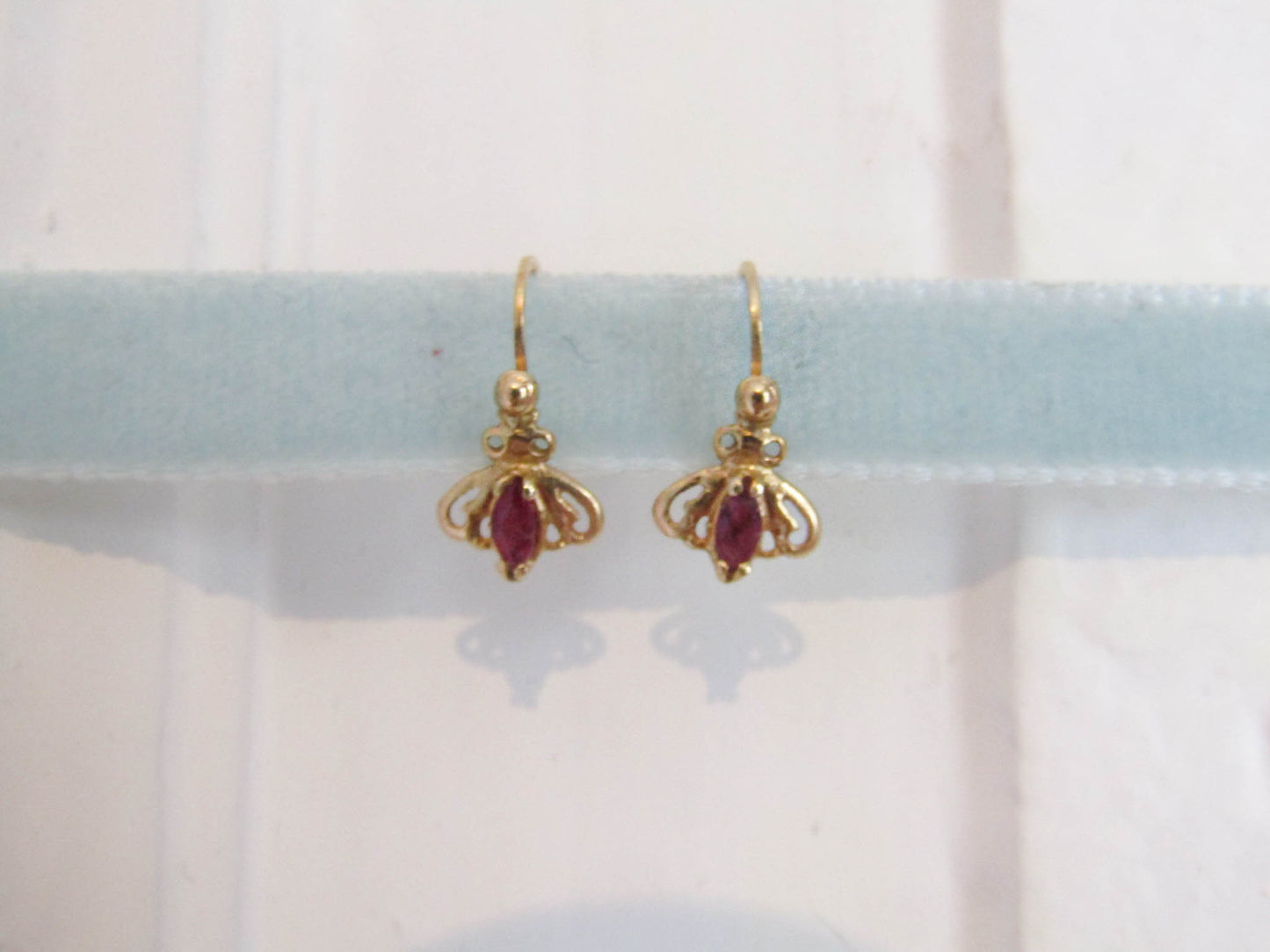 Vintage 18K and Ruby fly earrings, French small drop dormeuse earrings