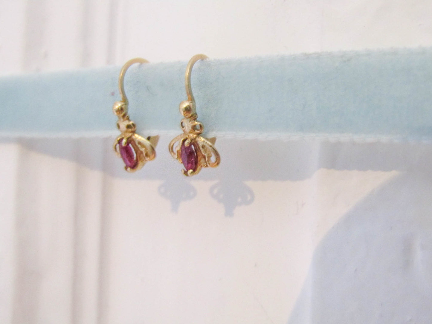 Vintage 18K and Ruby fly earrings, French small drop dormeuse earrings