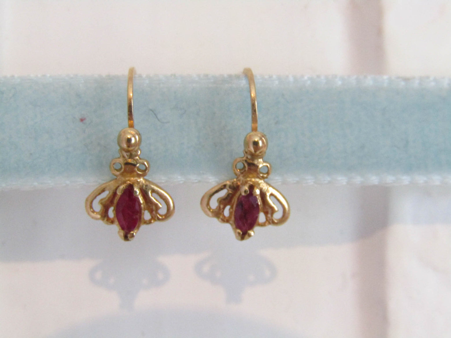 Vintage 18K and Ruby fly earrings, French small drop dormeuse earrings