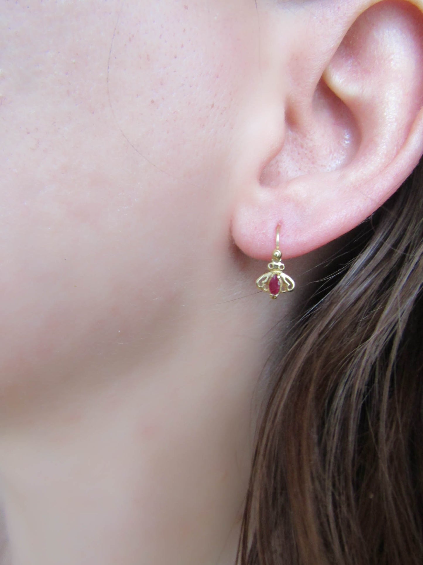 Vintage 18K and Ruby fly earrings, French small drop dormeuse earrings