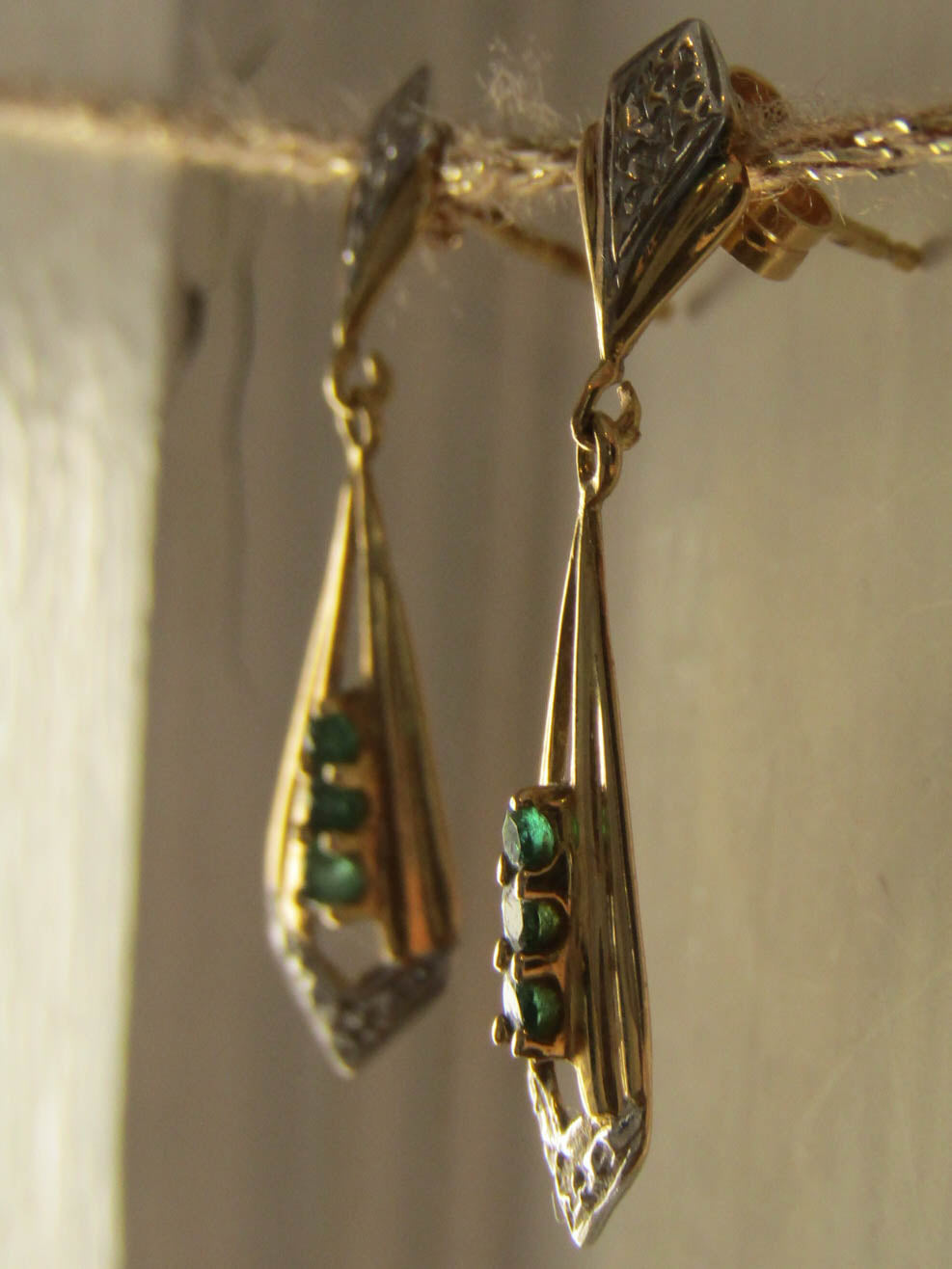 18K Emerald Art Deco Drop Earrings, Antique French Bi-Color Dangle Earrings