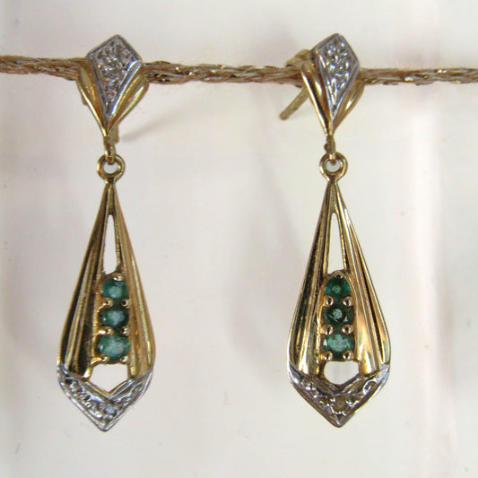 18K Emerald Art Deco Drop Earrings, Antique French Bi-Color Dangle Earrings