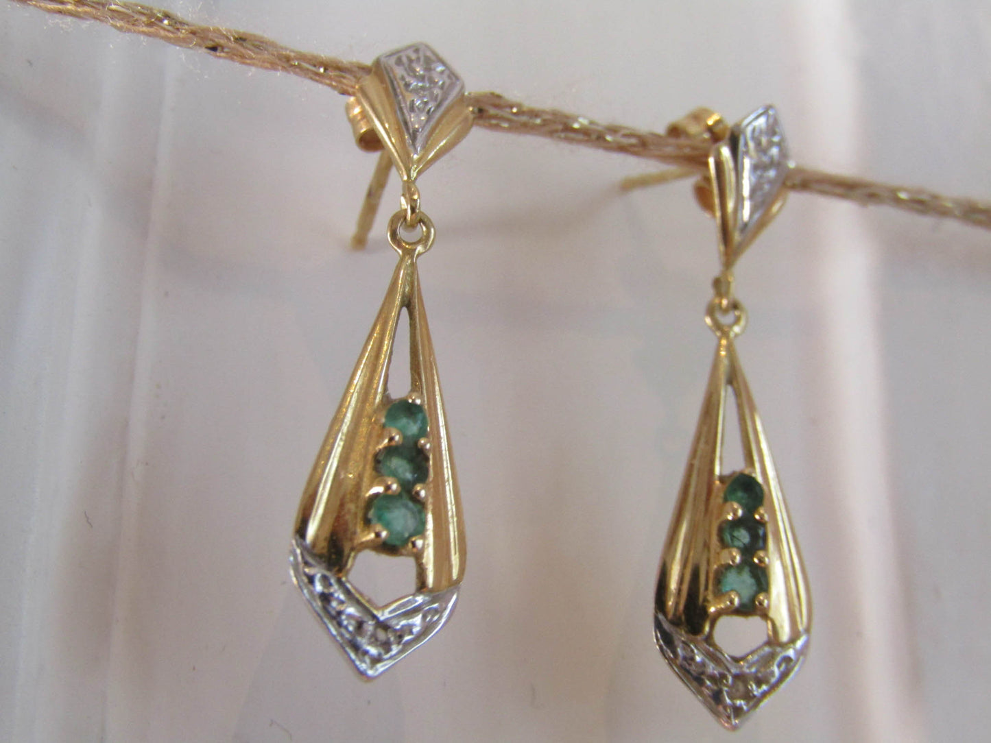 18K Emerald Art Deco Drop Earrings, Antique French Bi-Color Dangle Earrings