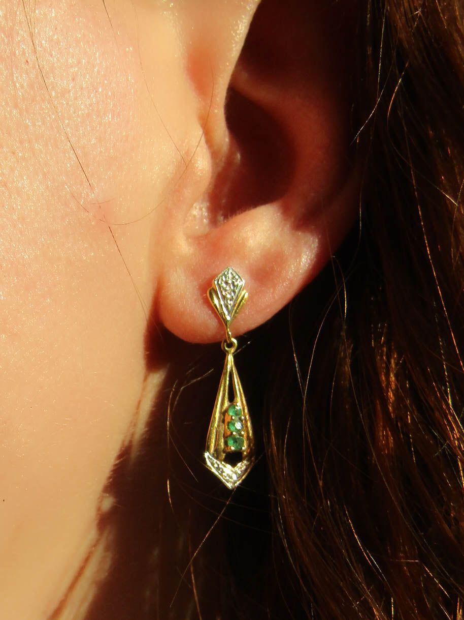 18K Emerald Art Deco Drop Earrings, Antique French Bi-Color Dangle Earrings