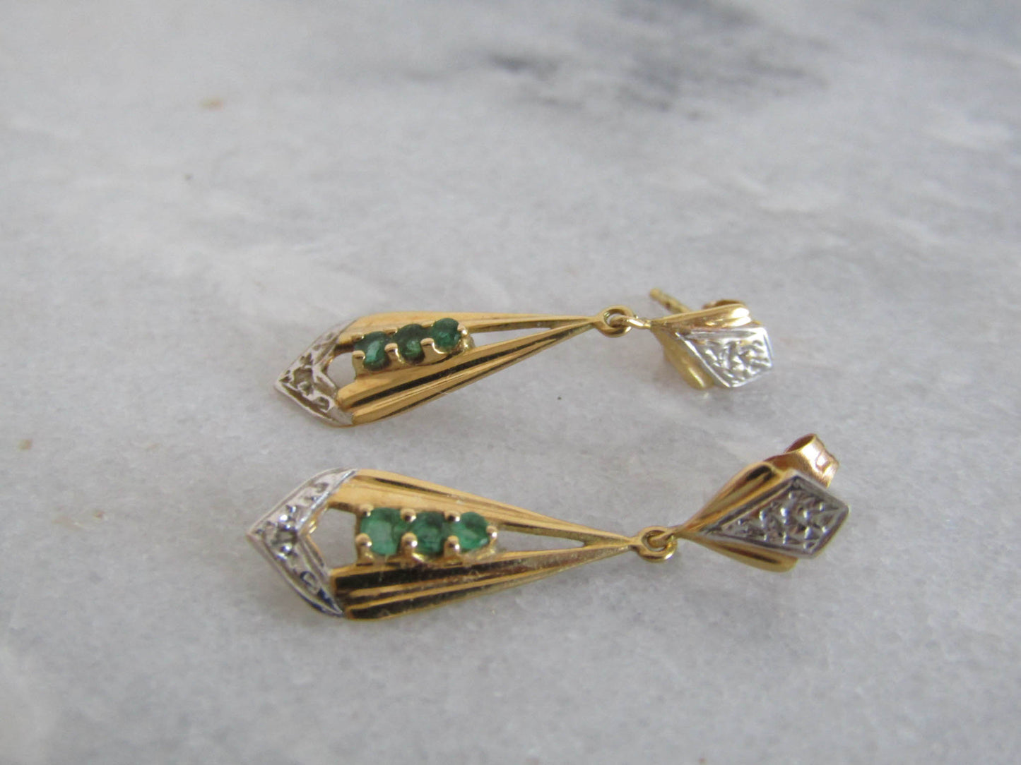 18K Emerald Art Deco Drop Earrings, Antique French Bi-Color Dangle Earrings