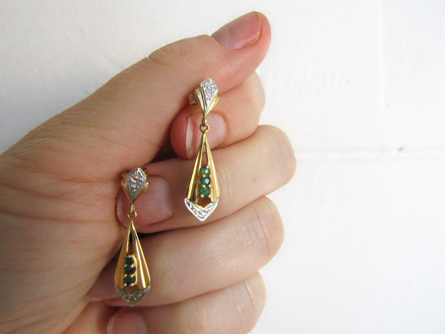 18K Emerald Art Deco Drop Earrings, Antique French Bi-Color Dangle Earrings