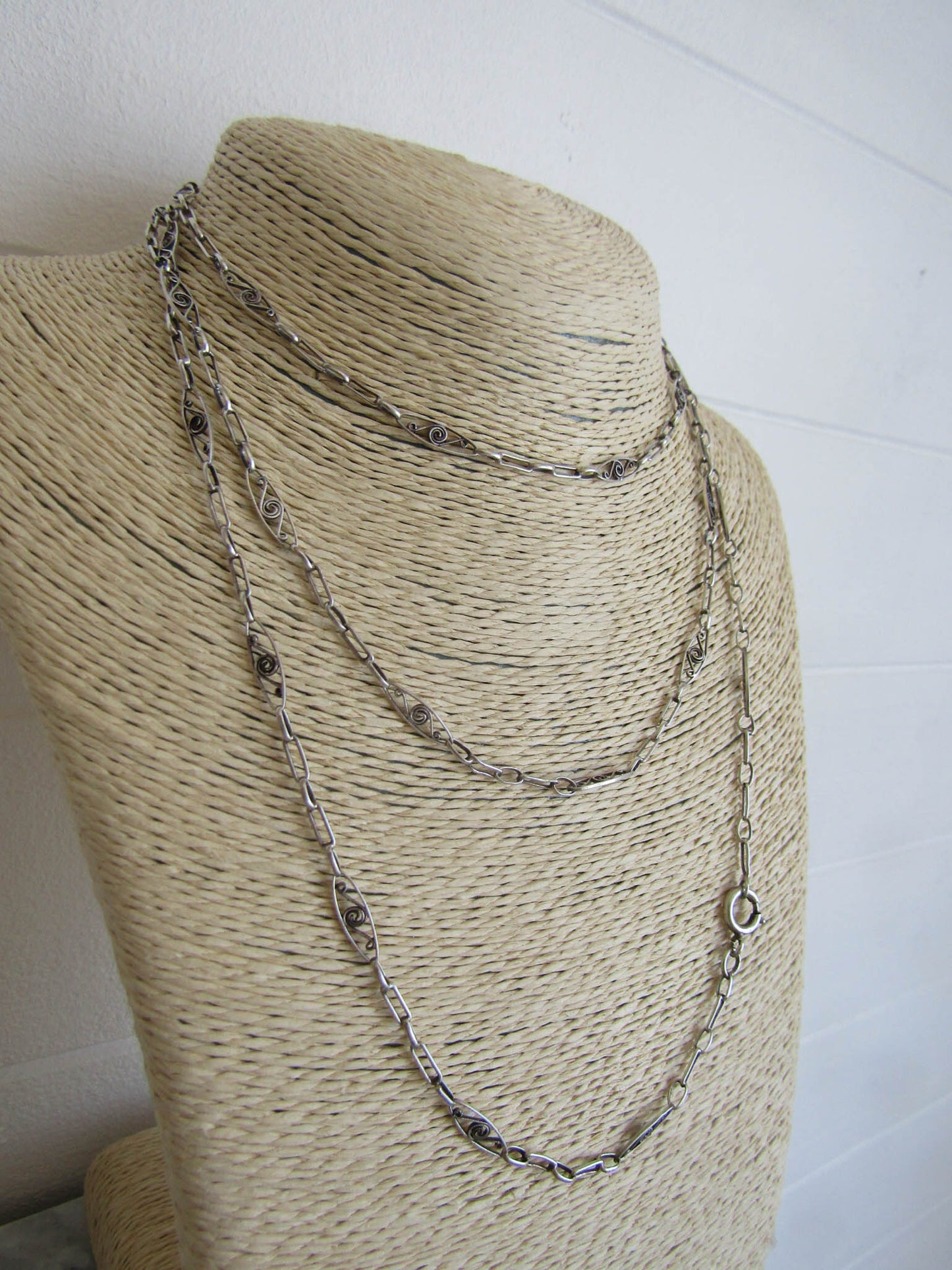 Antique French Silver Long Guard Chain, Belle Epqoue Filigree Muff Chain