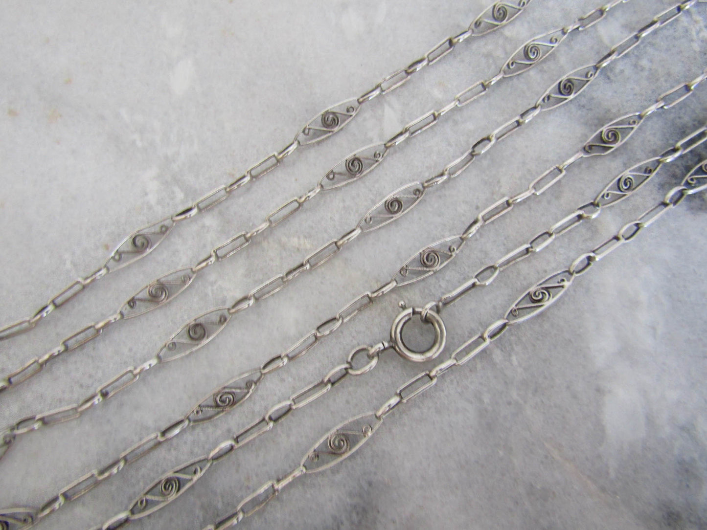 Antique French Silver Long Guard Chain, Belle Epqoue Filigree Muff Chain