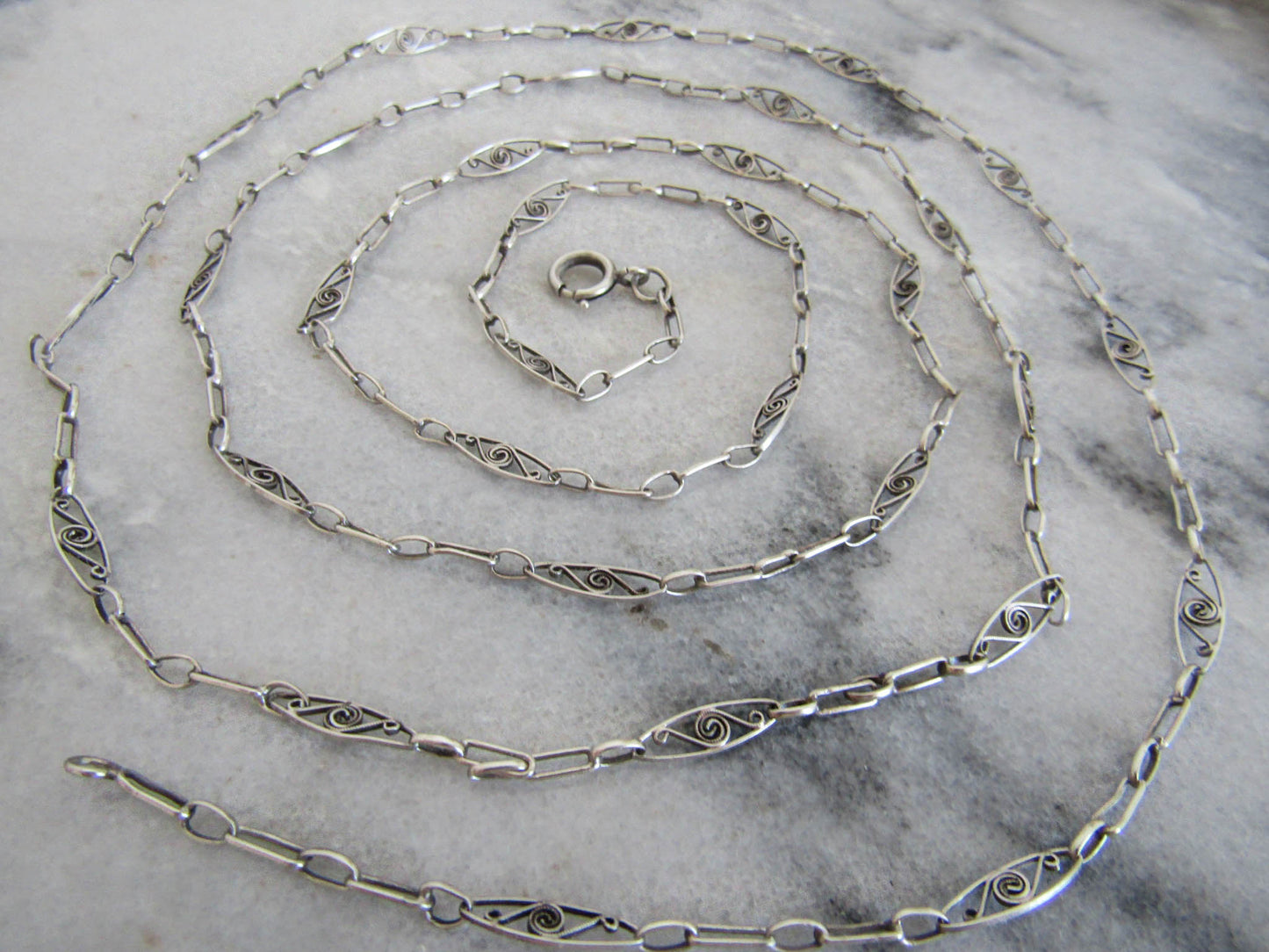 Antique French Silver Long Guard Chain, Belle Epqoue Filigree Muff Chain