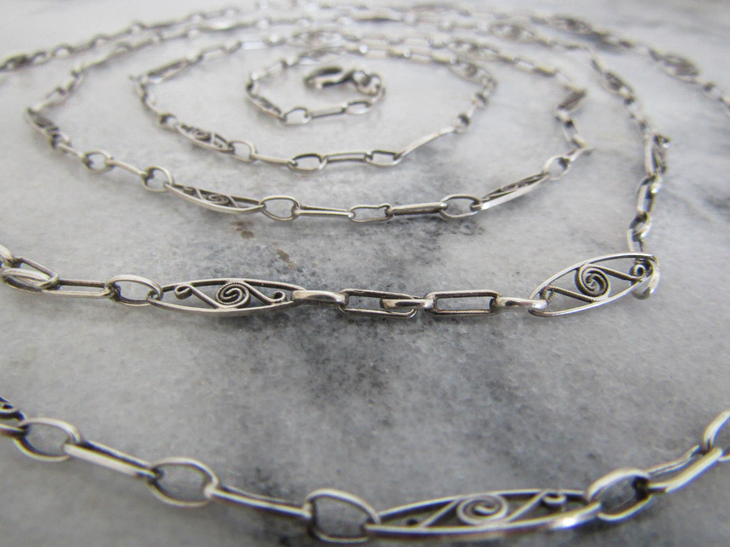 Antique French Silver Long Guard Chain, Belle Epqoue Filigree Muff Chain