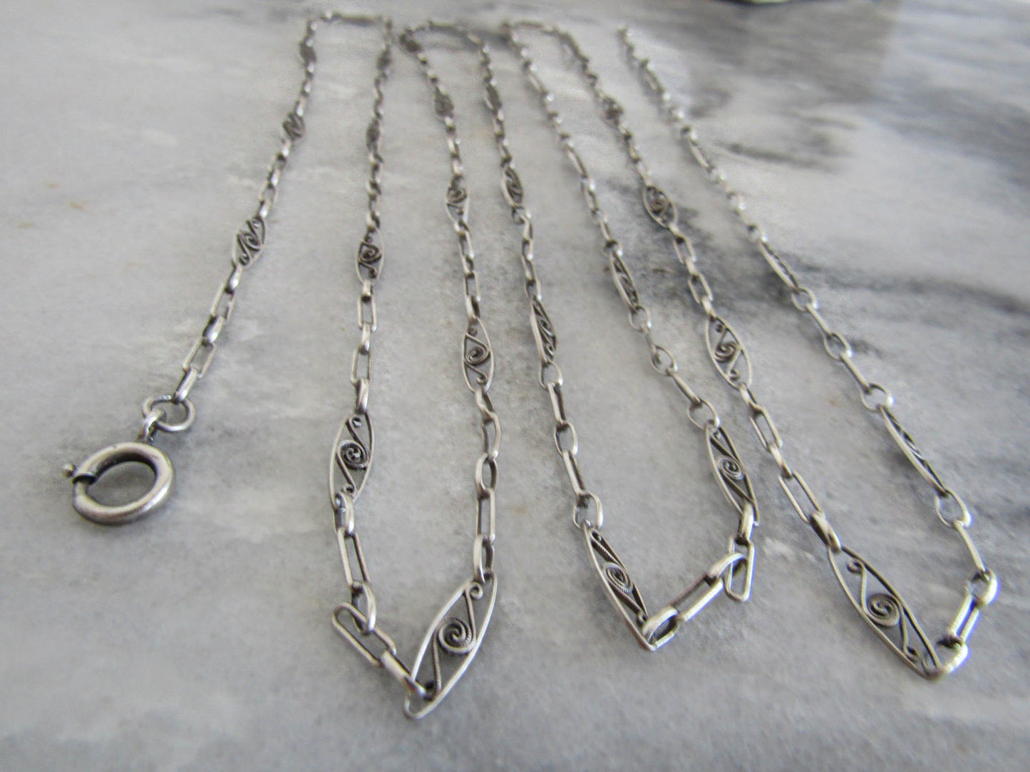 Antique French Silver Long Guard Chain, Belle Epqoue Filigree Muff Chain