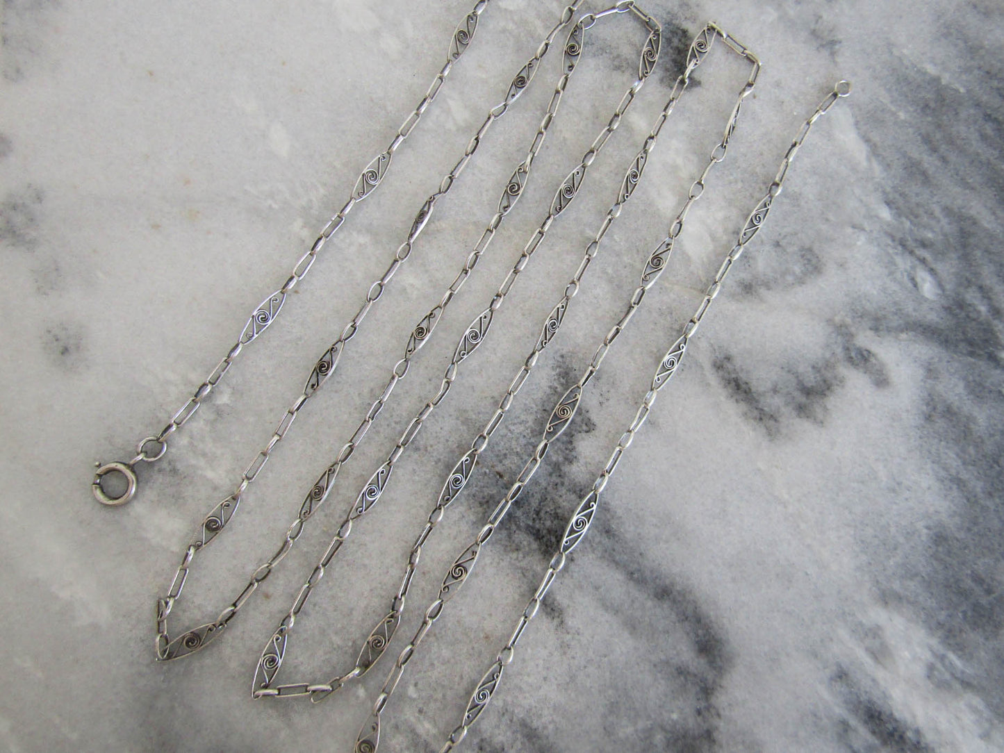 Antique French Silver Long Guard Chain, Belle Epqoue Filigree Muff Chain