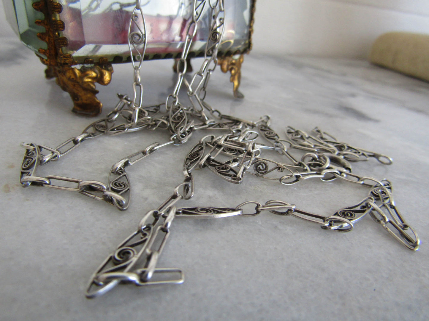 Antique French Silver Long Guard Chain, Belle Epqoue Filigree Muff Chain