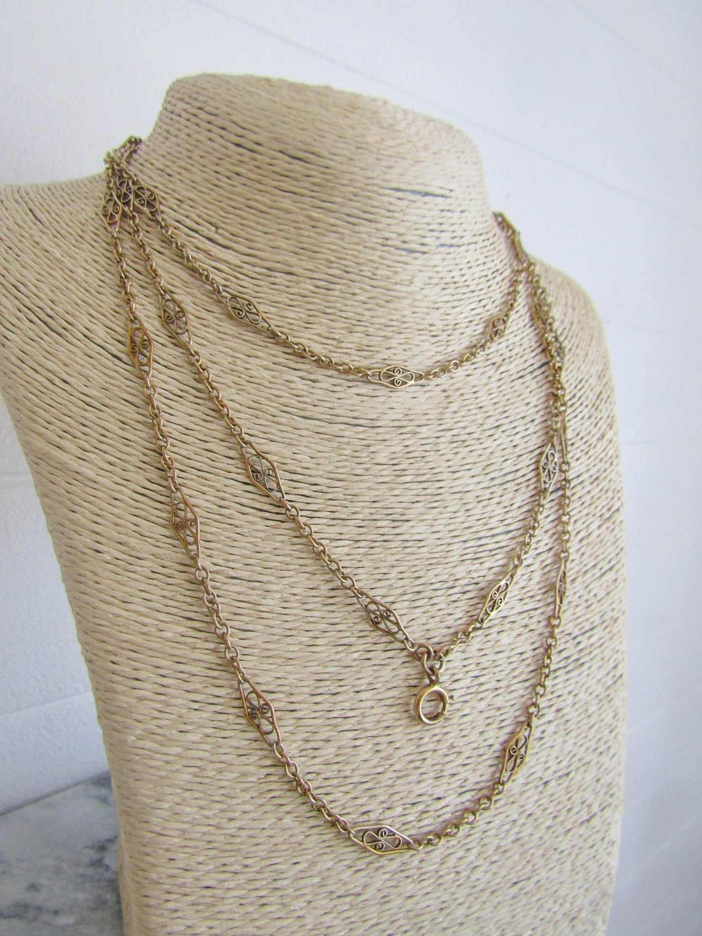 Antique French Vermeil Long Guard Chain, Vintage Filigree Silver and Gold Filled Chain with Hanging Bolt Ring