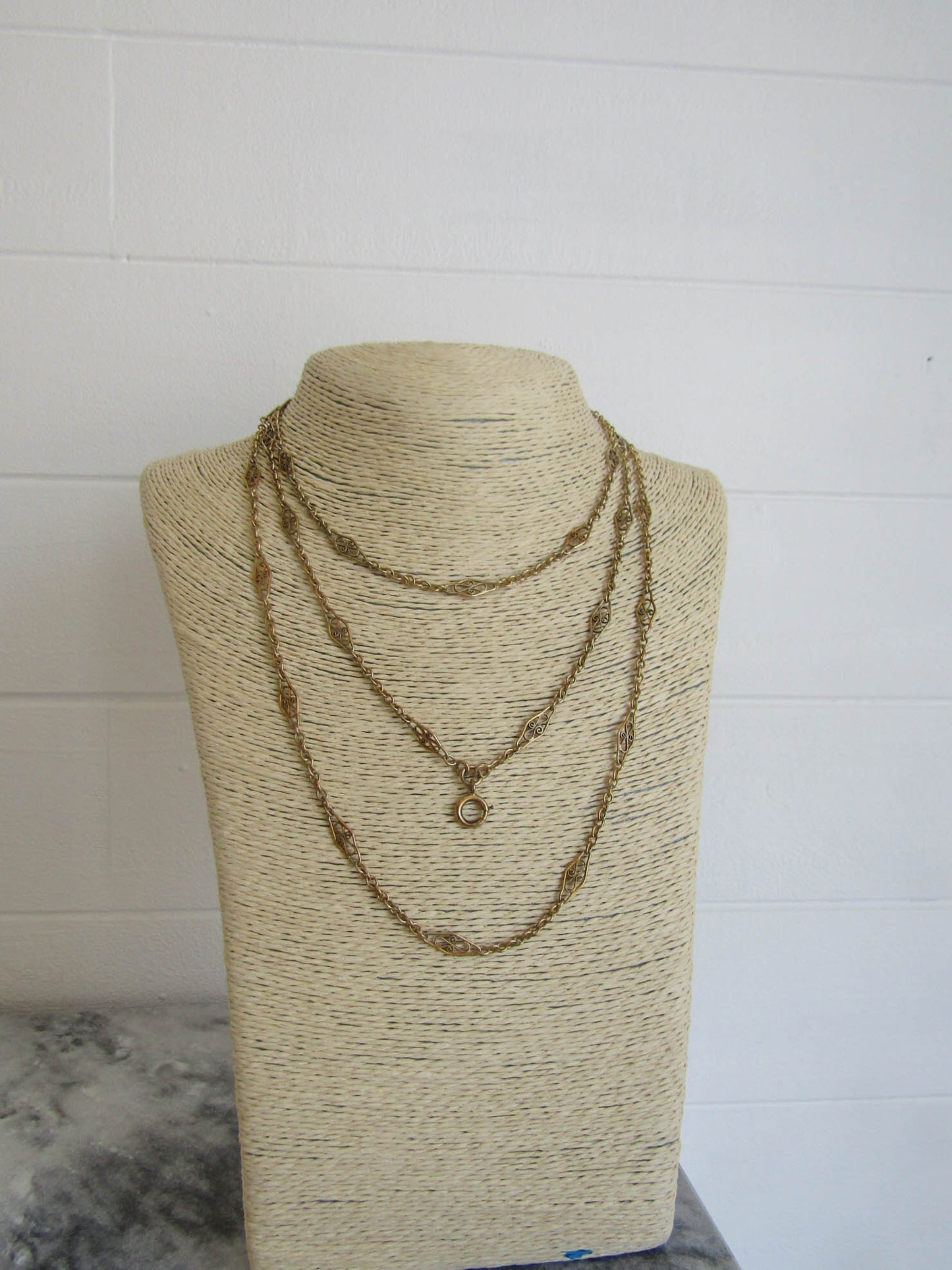 Antique French Vermeil Long Guard Chain, Vintage Filigree Silver and Gold Filled Chain with Hanging Bolt Ring