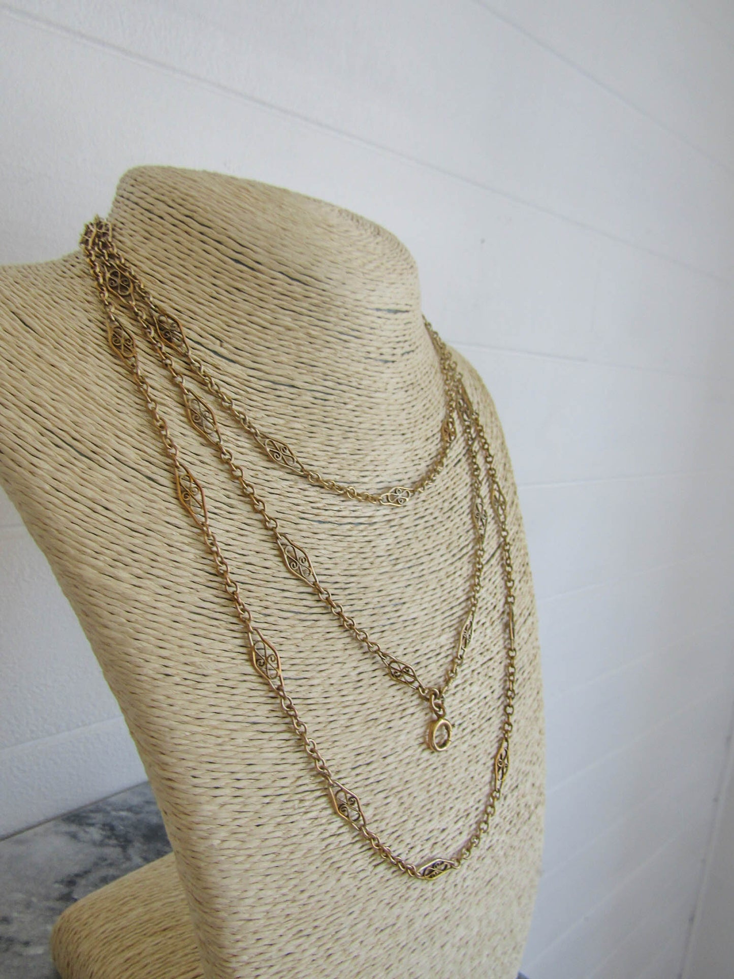 Antique French Vermeil Long Guard Chain, Vintage Filigree Silver and Gold Filled Chain with Hanging Bolt Ring