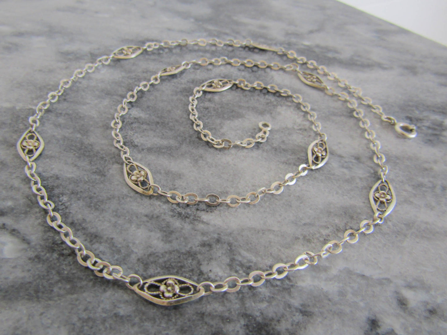 Antique French Floral Filigree Necklace Chain, Art Nouveau Silver Chain c. 1900