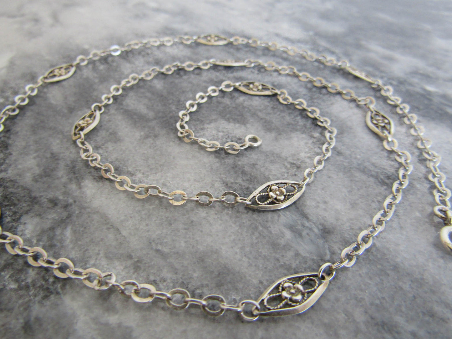 Antique French Floral Filigree Necklace Chain, Art Nouveau Silver Chain c. 1900