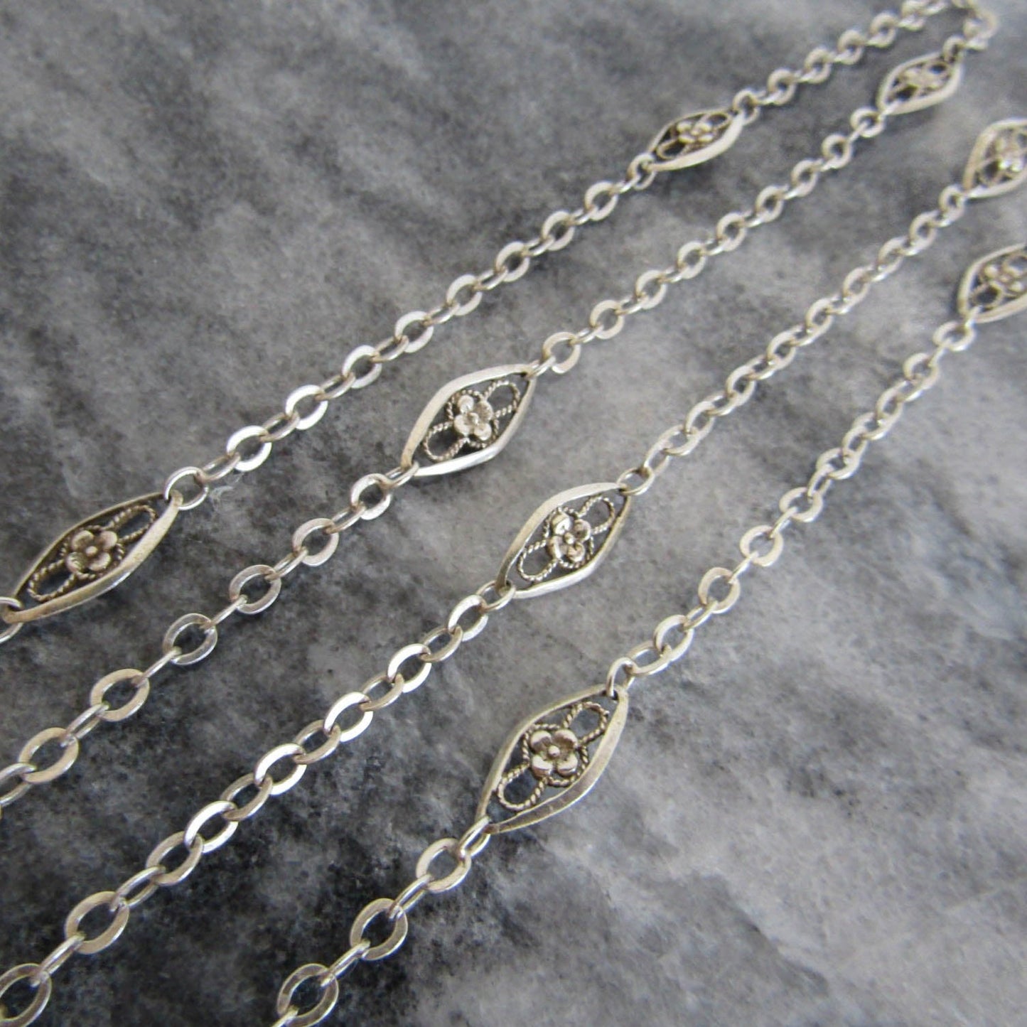 Antique French Floral Filigree Necklace Chain, Art Nouveau Silver Chain c. 1900