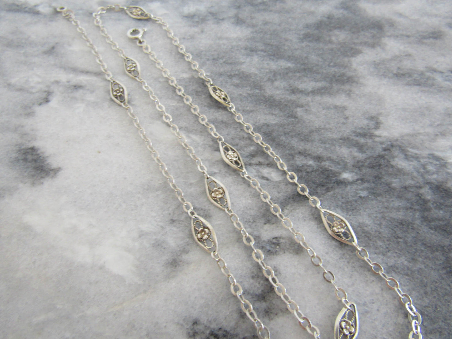 Antique French Floral Filigree Necklace Chain, Art Nouveau Silver Chain c. 1900