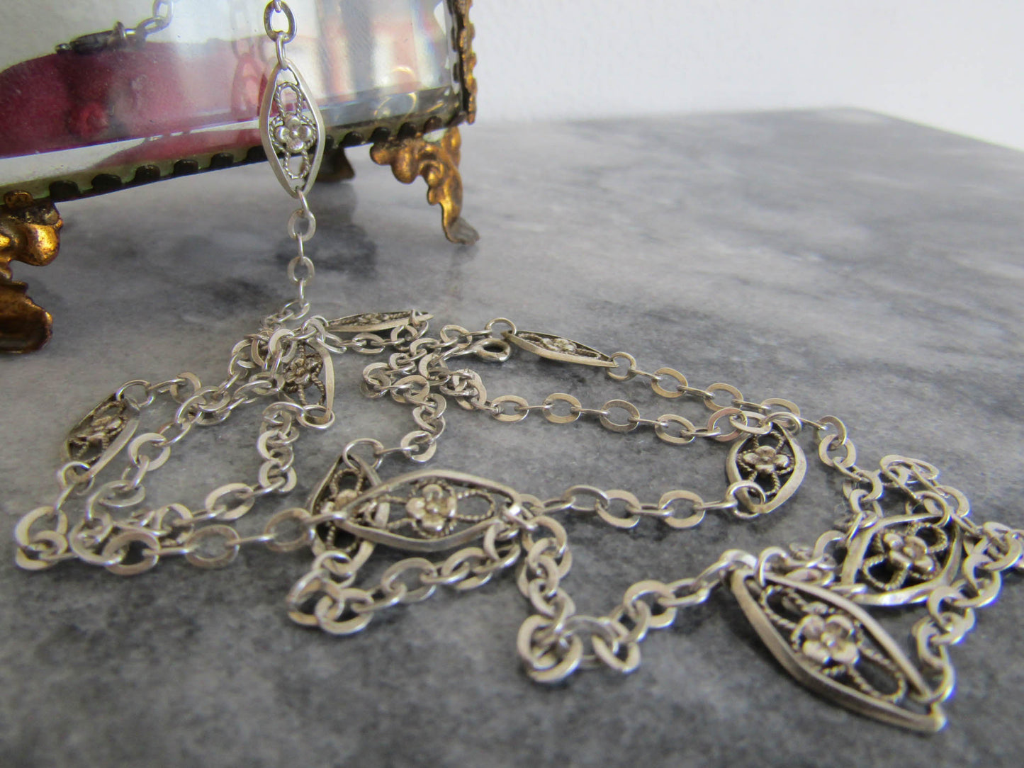 Antique French Floral Filigree Necklace Chain, Art Nouveau Silver Chain c. 1900