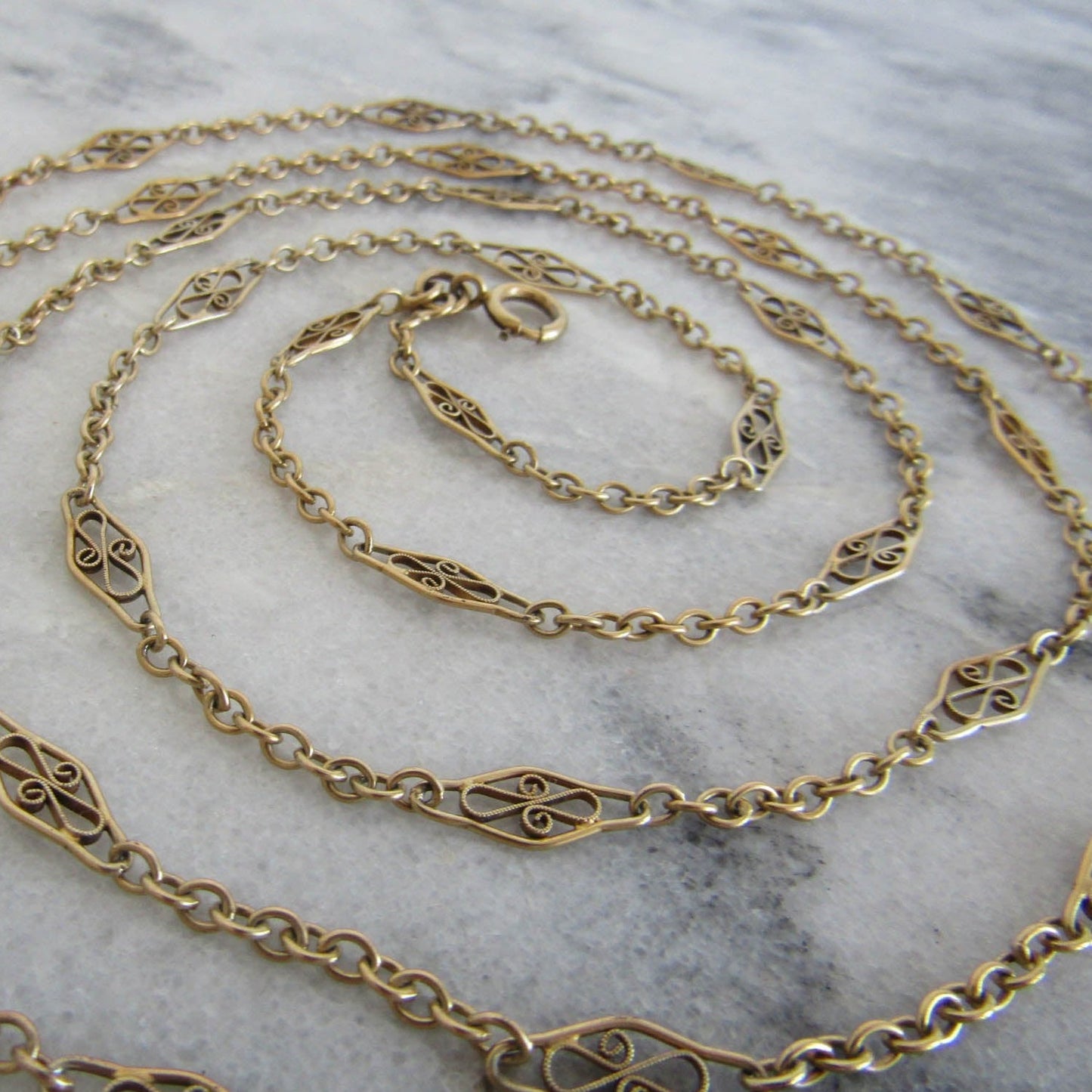 Antique French Vermeil Long Guard Chain, Vintage Filigree Silver and Gold Filled Chain with Hanging Bolt Ring