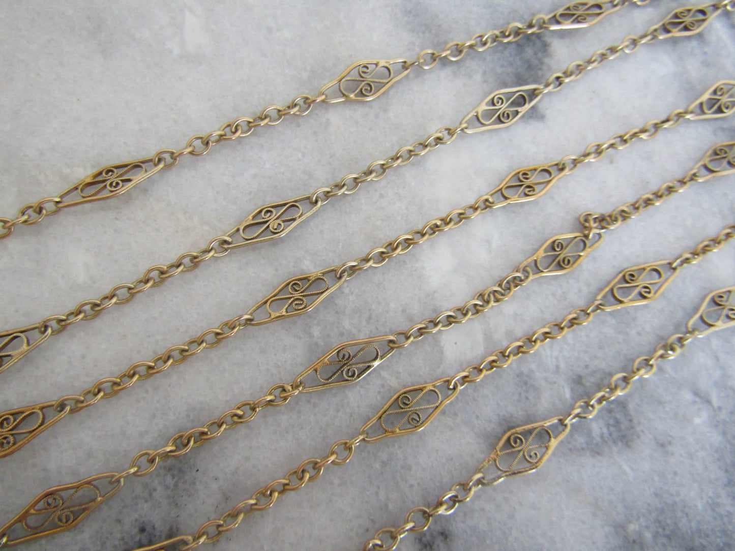 Antique French Vermeil Long Guard Chain, Vintage Filigree Silver and Gold Filled Chain with Hanging Bolt Ring