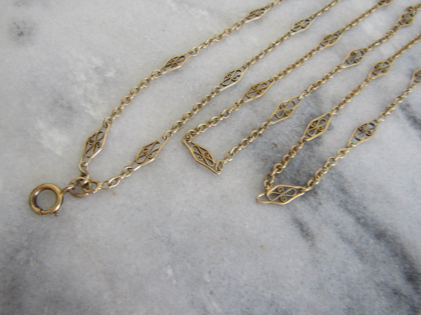 Antique French Vermeil Long Guard Chain, Vintage Filigree Silver and Gold Filled Chain with Hanging Bolt Ring