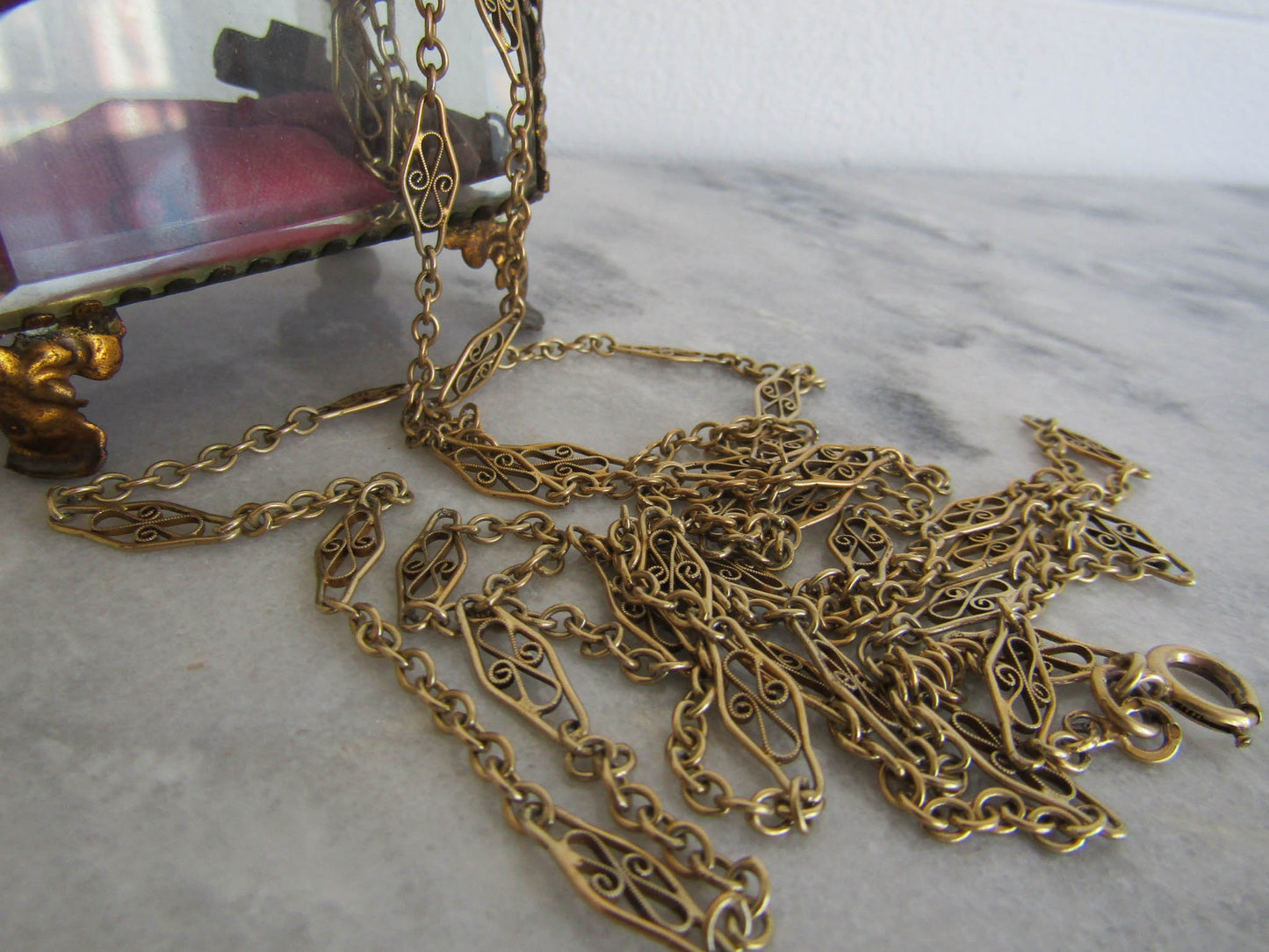 Antique French Vermeil Long Guard Chain, Vintage Filigree Silver and Gold Filled Chain with Hanging Bolt Ring