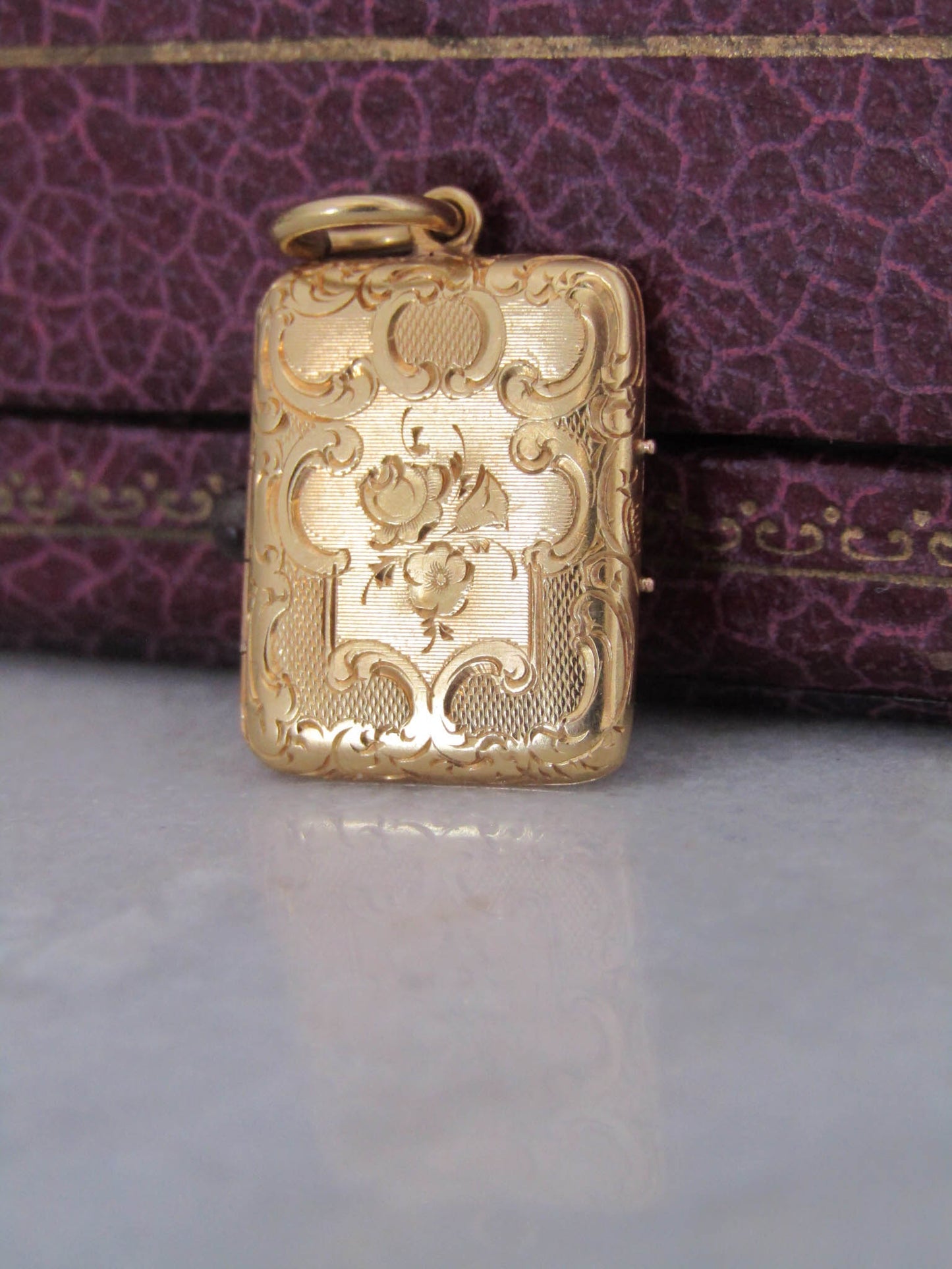 18K Antique French Belle Epoque Vinaigrette Locket, Guilloche Engine Turned Floral Victorian Pendant