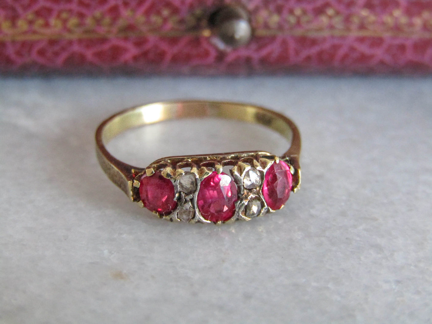 18K Victorian Ruby and Diamond ring, Antique Belle Epoque French Trilogy ring c. 1900