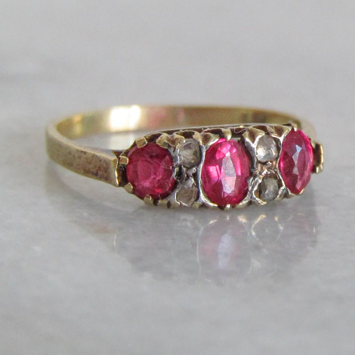 18K Victorian Ruby and Diamond ring, Antique Belle Epoque French Trilogy ring c. 1900