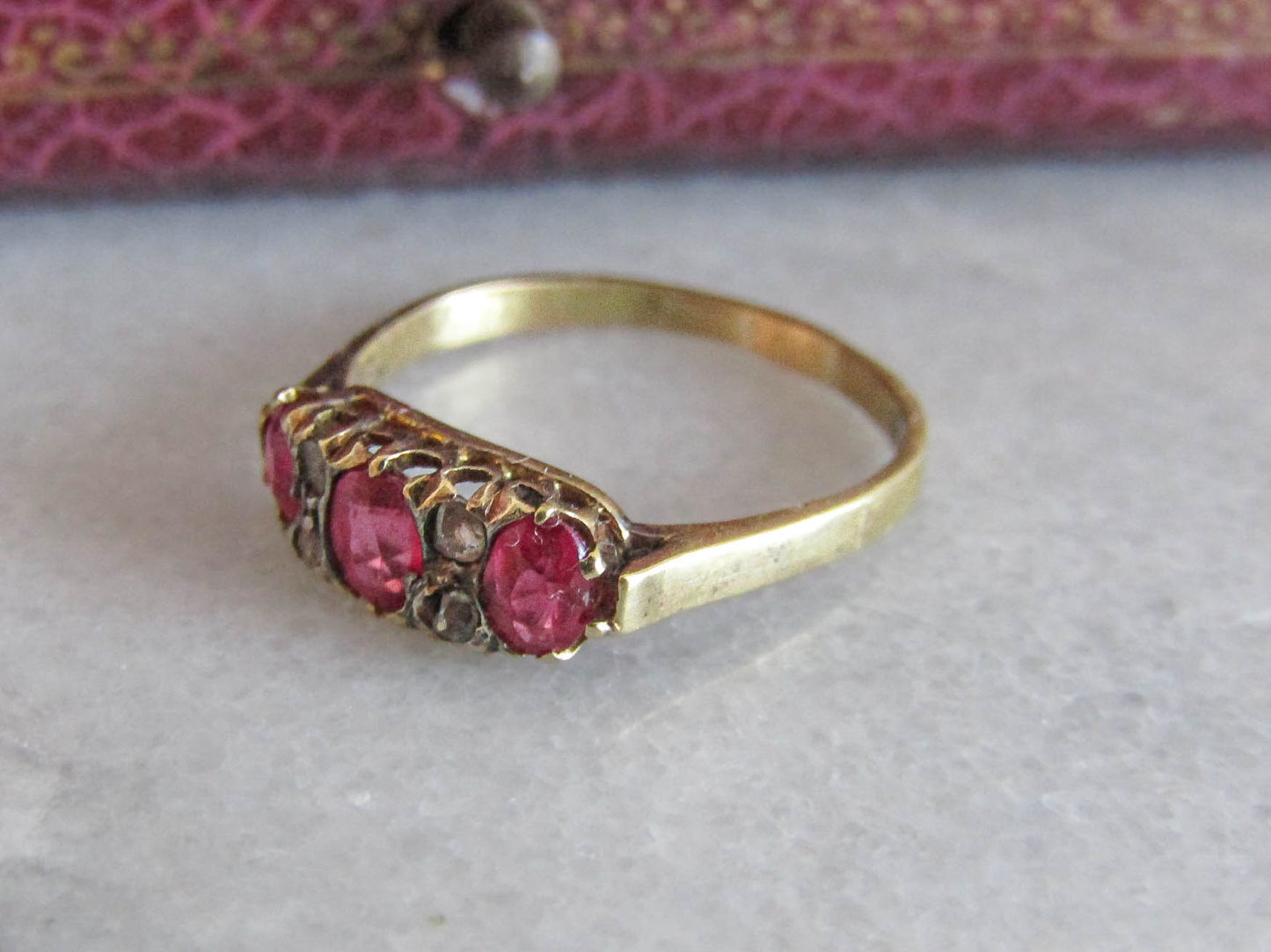 18K Victorian Ruby and Diamond ring, Antique Belle Epoque French Trilogy ring c. 1900