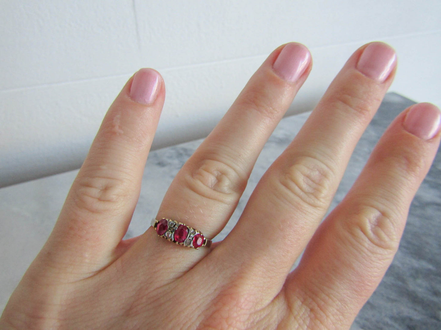 18K Victorian Ruby and Diamond ring, Antique Belle Epoque French Trilogy ring c. 1900