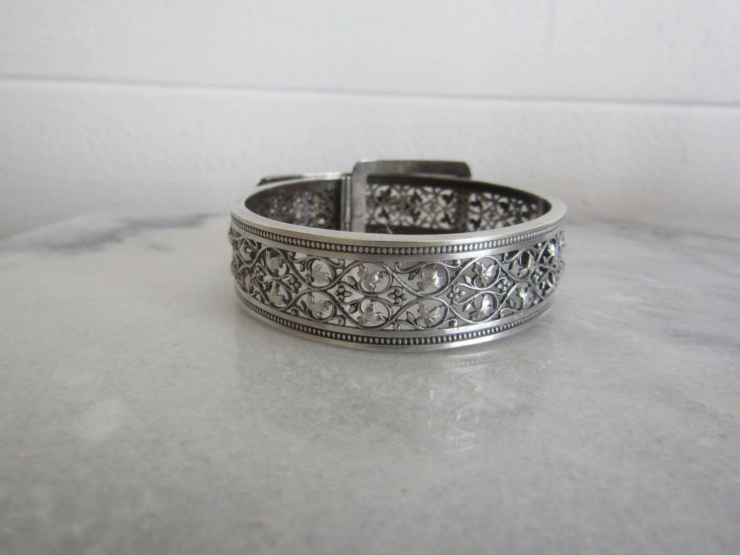 Antique Silver Buckle Bangle Bracelet, Victorian Ivy Pierced Silver Cuff Bracelet