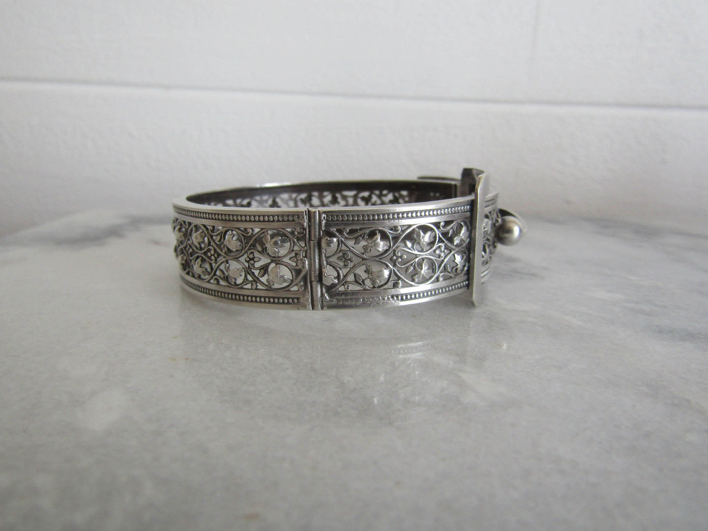 Antique Silver Buckle Bangle Bracelet, Victorian Ivy Pierced Silver Cuff Bracelet