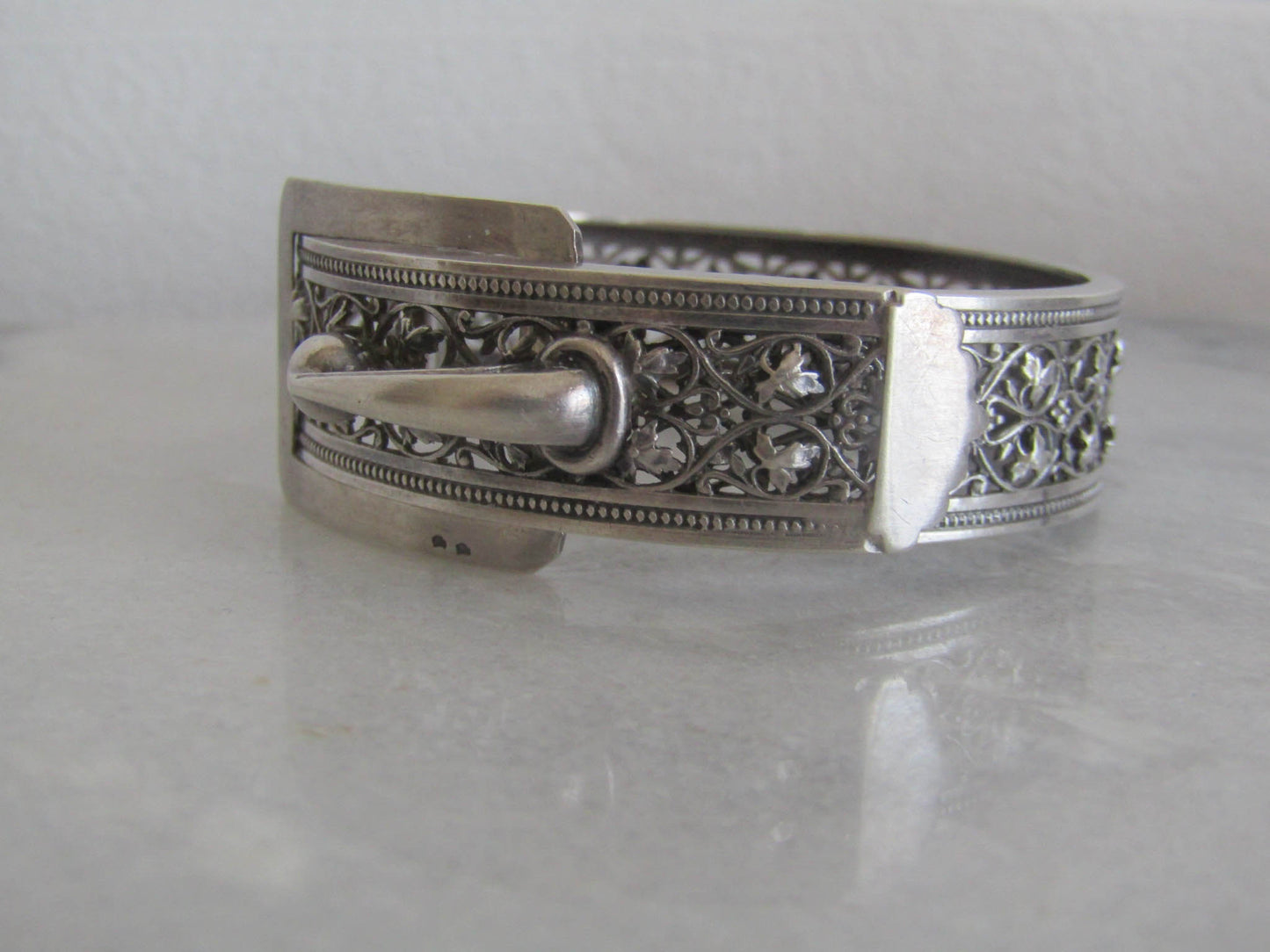 Antique Silver Buckle Bangle Bracelet, Victorian Ivy Pierced Silver Cuff Bracelet