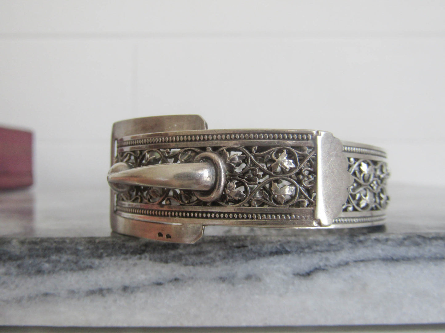 Antique Silver Buckle Bangle Bracelet, Victorian Ivy Pierced Silver Cuff Bracelet