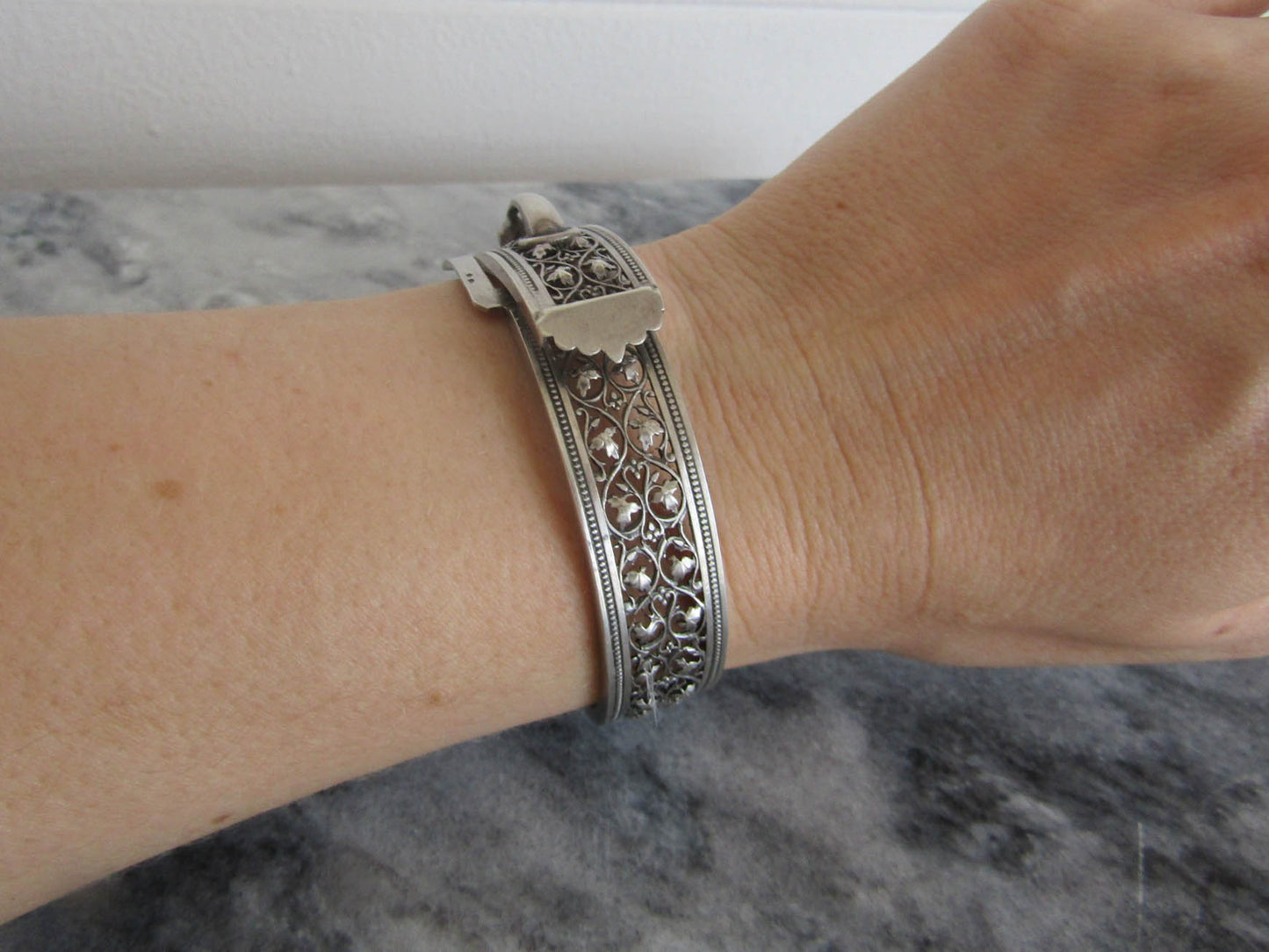 Antique Silver Buckle Bangle Bracelet, Victorian Ivy Pierced Silver Cuff Bracelet