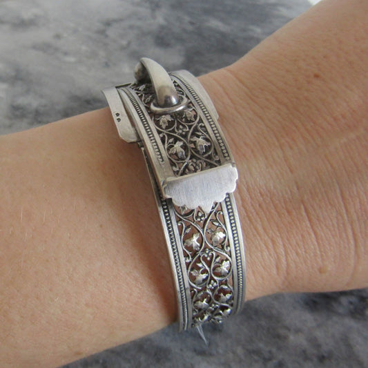 Antique Silver Buckle Bangle Bracelet, Victorian Ivy Pierced Silver Cuff Bracelet
