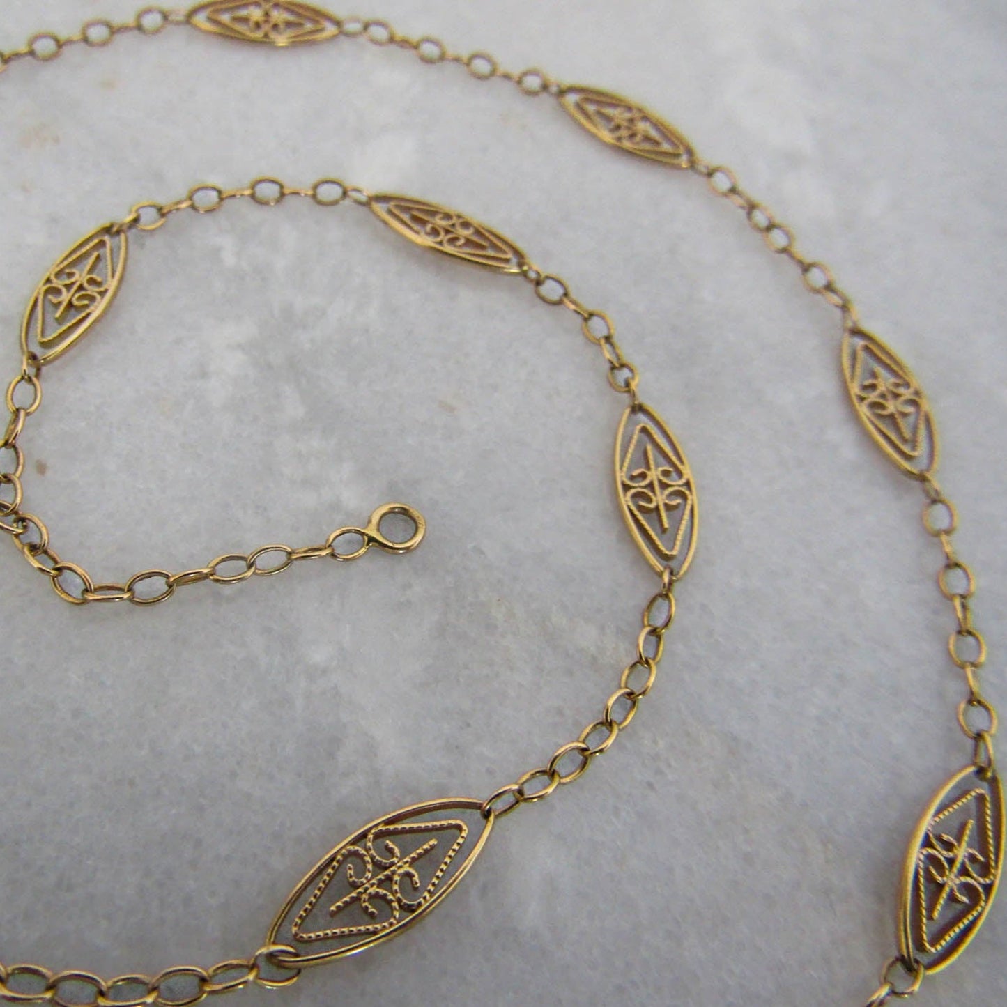 18K Art Nouveau Filigree Chain, 1900s French Antique Gold Necklace with Navette links