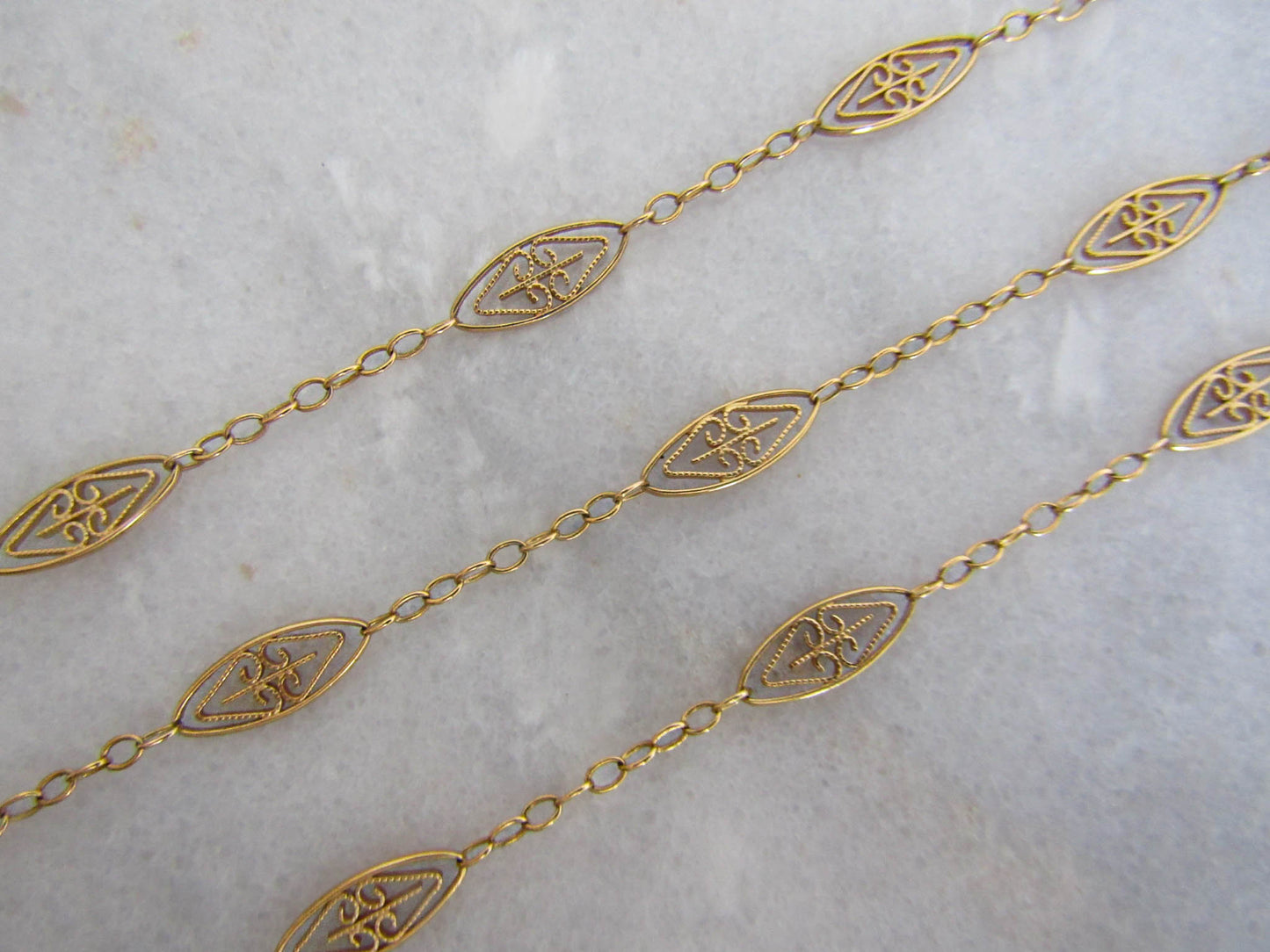 18K Art Nouveau Filigree Chain, 1900s French Antique Gold Necklace with Navette links