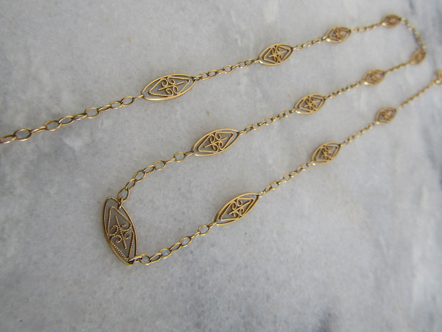 18K Art Nouveau Filigree Chain, 1900s French Antique Gold Necklace with Navette links