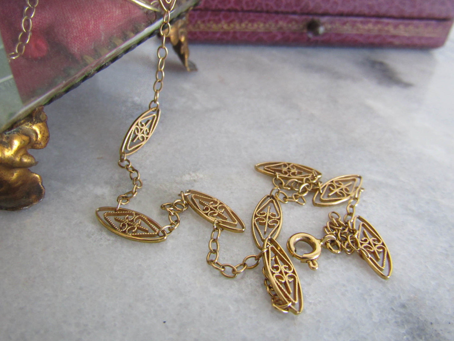 18K Art Nouveau Filigree Chain, 1900s French Antique Gold Necklace with Navette links