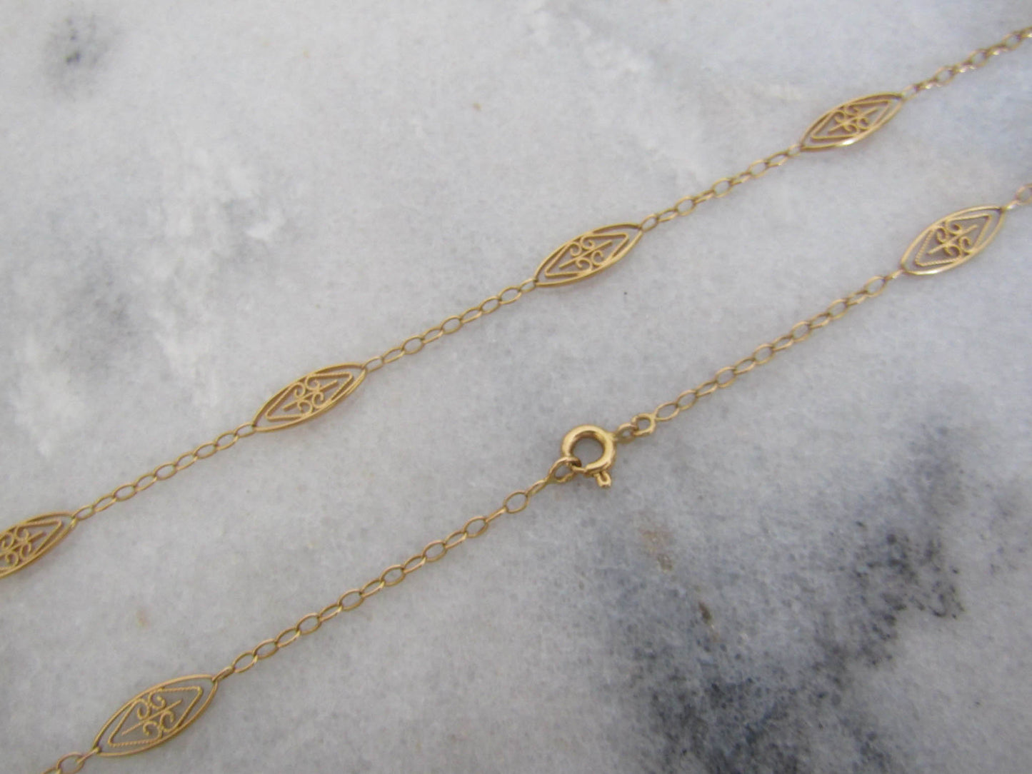 18K Art Nouveau Filigree Chain, 1900s French Antique Gold Necklace with Navette links