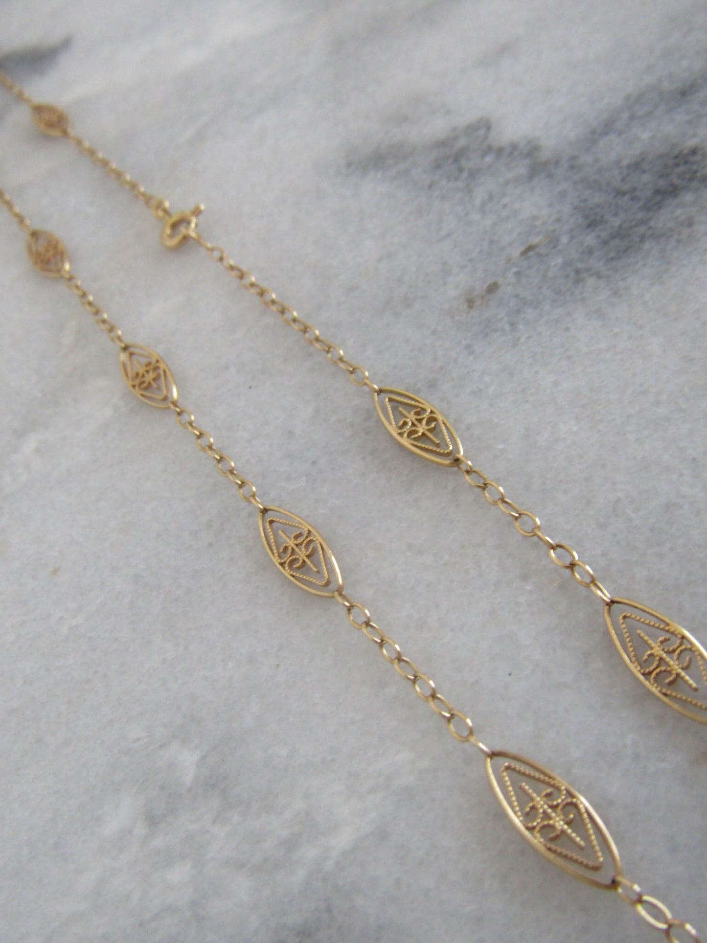 18K Art Nouveau Filigree Chain, 1900s French Antique Gold Necklace with Navette links