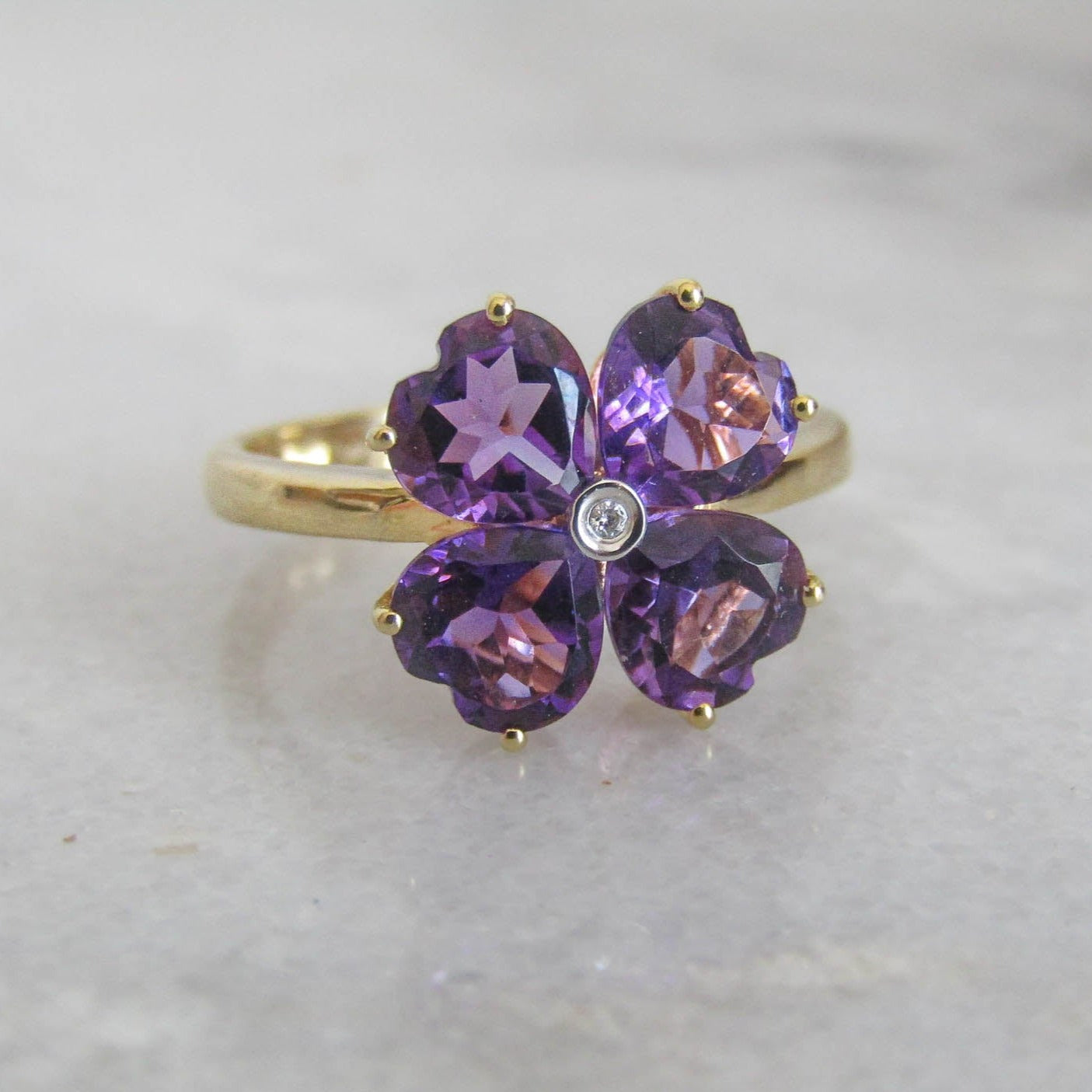 Vintage 18K Amethyst and Diamond Four Leaf Clover Lucky Ring, Heart Cut Amethyst Statement Ring