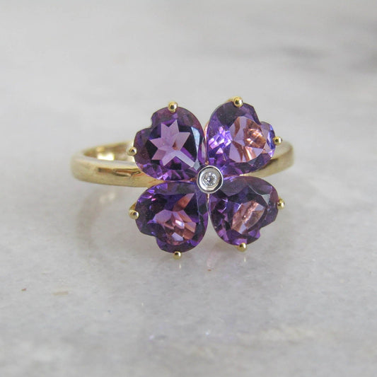 Vintage 18K Amethyst and Diamond Four Leaf Clover Lucky Ring, Heart Cut Amethyst Statement Ring