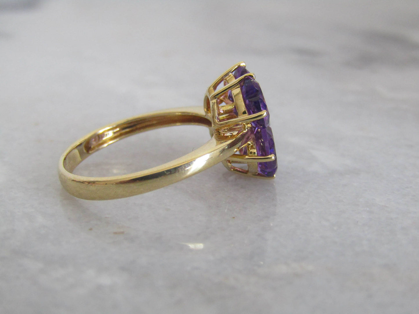 Vintage 18K Amethyst and Diamond Four Leaf Clover Lucky Ring, Heart Cut Amethyst Statement Ring