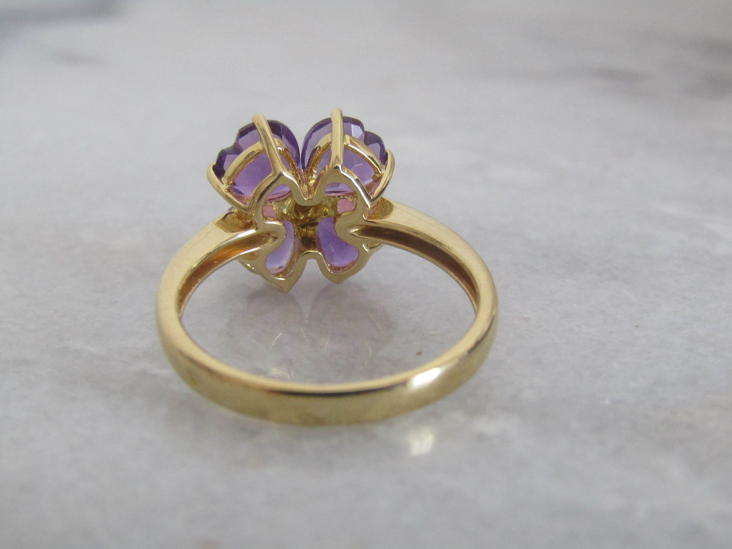 Vintage 18K Amethyst and Diamond Four Leaf Clover Lucky Ring, Heart Cut Amethyst Statement Ring